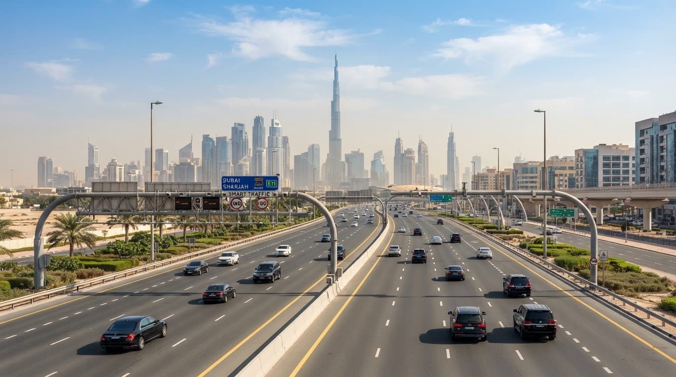 Multi-lane GCC highway with urban skyline